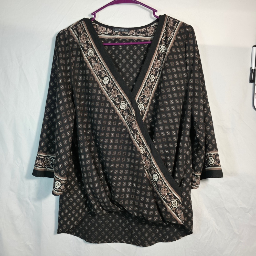 West Kei Blouse Womens Large Black Brown Geometric Faux Wrap Excellent TU38504-C